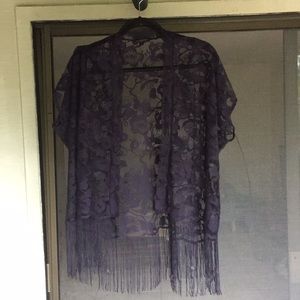 Navy Top Shop lace short kimono with fringe